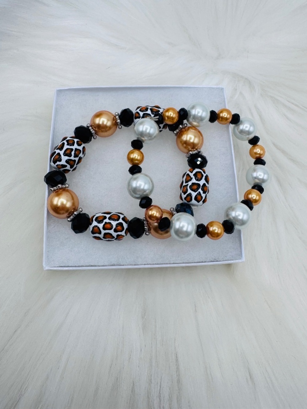 Chunky Leopard Print Beaded Bracelet faux Pearls Stretch Stack